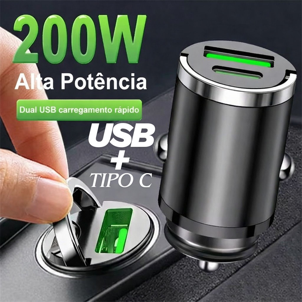 Carregador Veicular para carro Turbo USB + Tipo C Carregamento Rápido Dual Porta 12V 24V