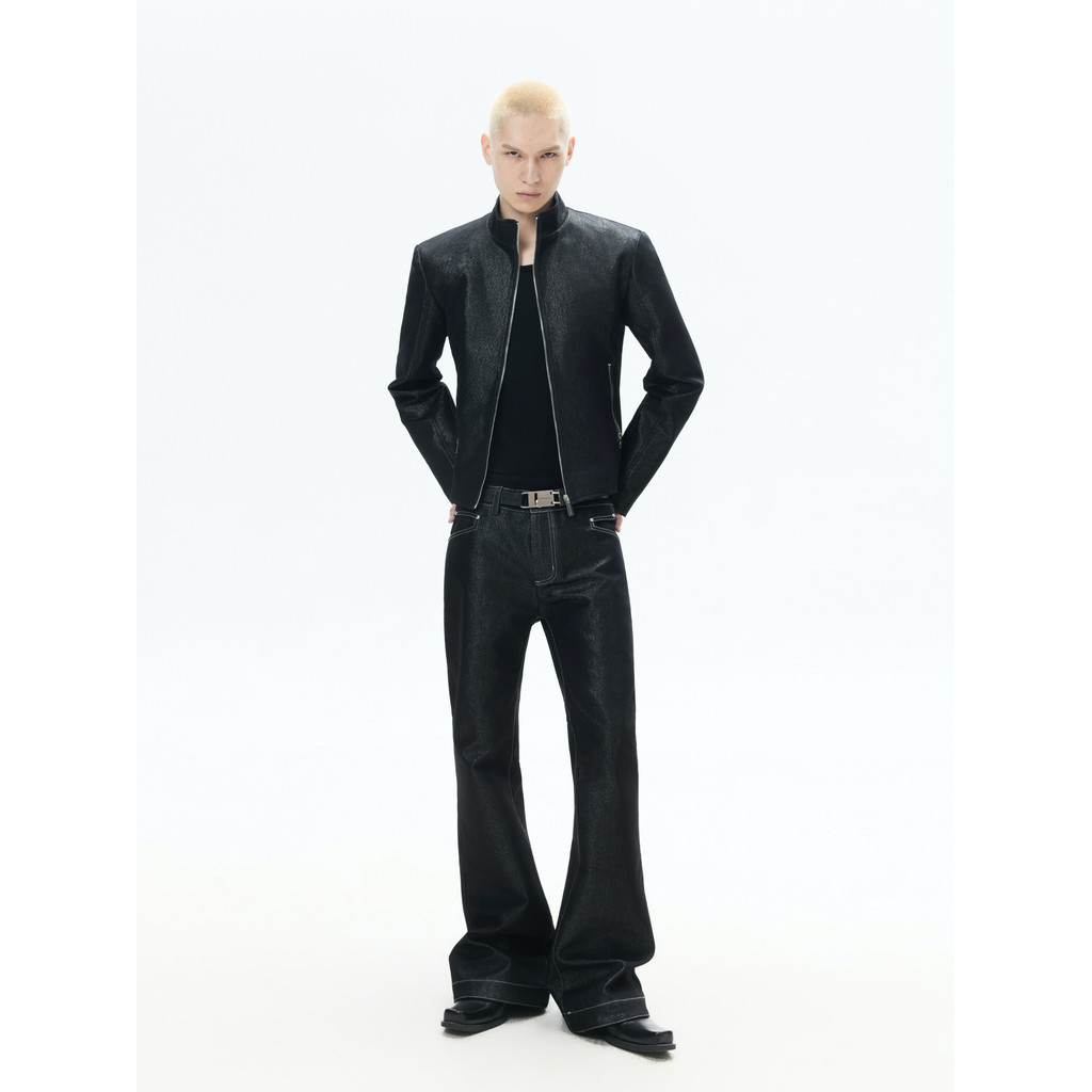 FRKM SCD 26 SS Prata Seda Cintilante Noite Estrelada Jaqueta Jeans Zíper Gola Formal Ombro Equipado Jaqueta Curta