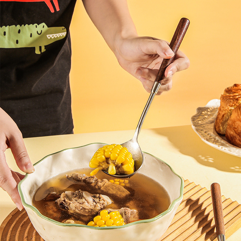 Espátula de fritura com cabo de nogueira, colher pequena, colher de sopa, faca de bolo, espátula de aço inoxidável, uten