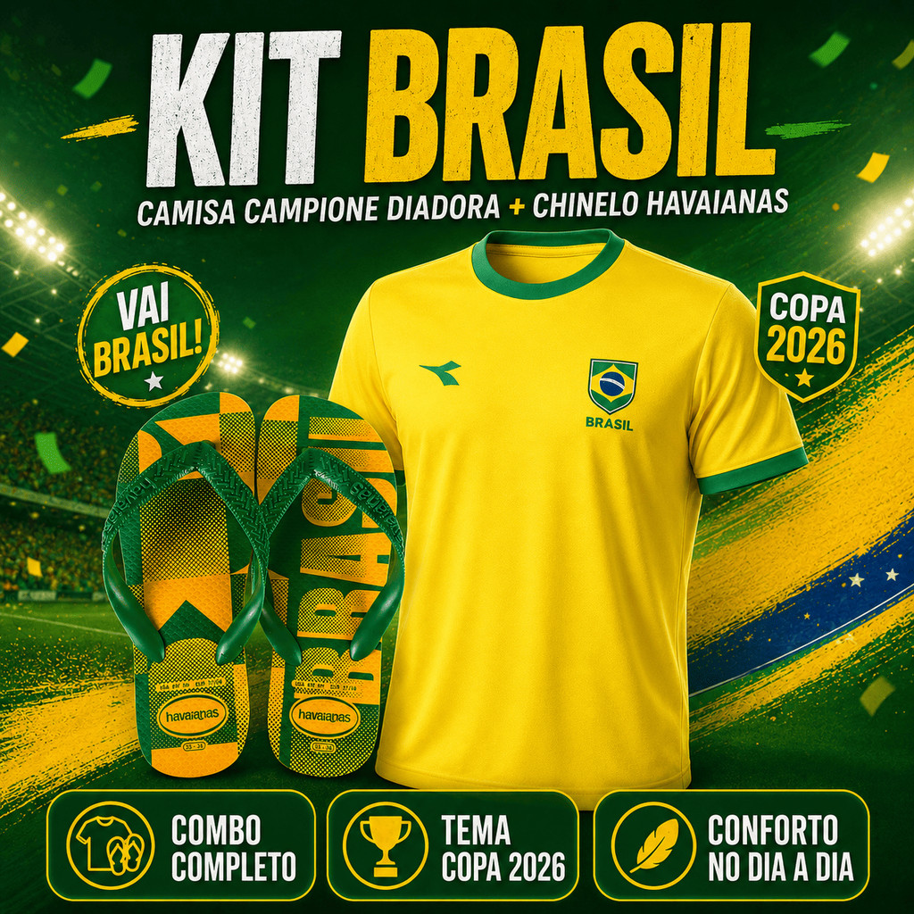 Kit Torcedor Brasil Copa 2026 | Camisa Diadora Campione Amarela + Chinelo Havaianas Vai Brasil Verde