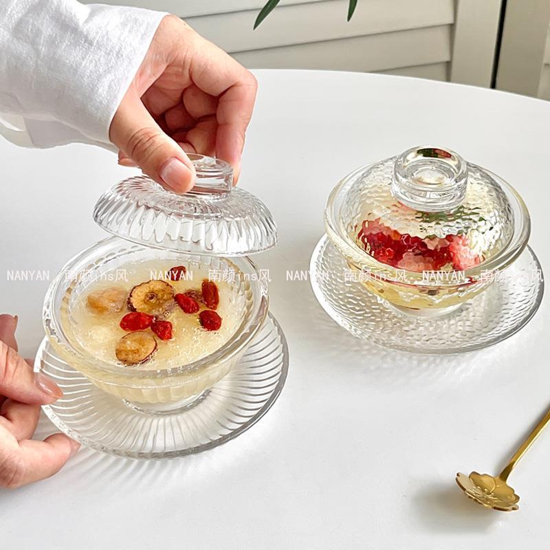 Tigela de ninho de pássaro requintada de alta qualidade com tampa Tremella Pequeno copo de guisado de vidro cristal Tige