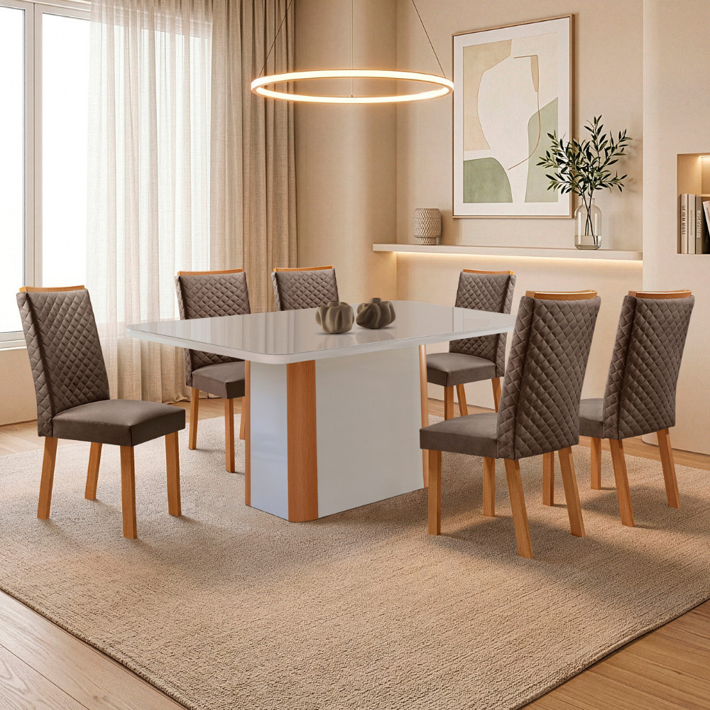 Mesa de Jantar Isadora 180cm Tampo MDF e Vidro Canto Copo com 6 Cadeiras Lira Moderna Mobília