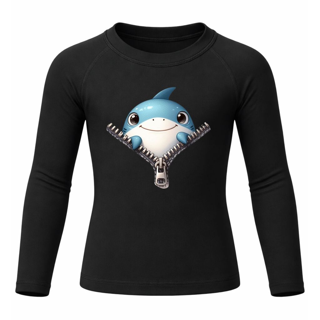 Camiseta Térmica Tubarão Fofo Azul Saindo Do Zíper Juvenil Infantil Proteção Solar Uv 50+ Estampada Camisa Menino