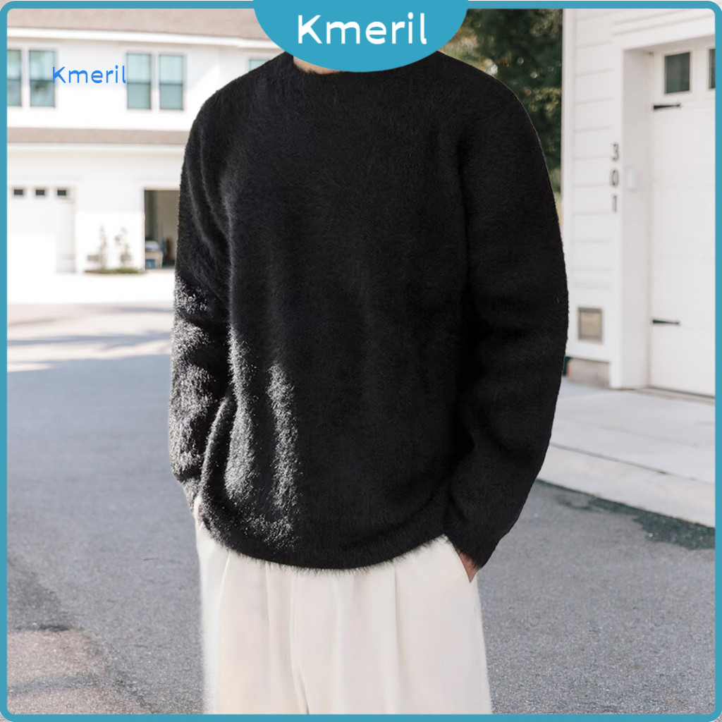 Long Sleeve Knitwear Plush Textured Sweater Men's Autumn Winter Thick Knit Loose Fit Fuzzy Pullover Solid Color Round Ne
