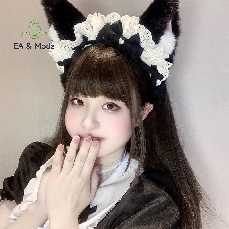 EA & Moda Bonito Cocar De Orelha De Pelúcia Japonês Doce Renda Arco Lolita Acessórios De Cabelo .