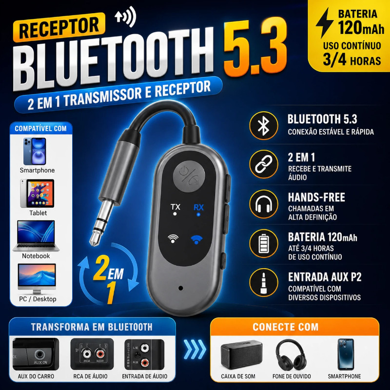 Receptor Bluetooth 5.3 2em1 Transmissor RX/TX AUX P2 Hands Free Carro RCA 120mAh Bateria