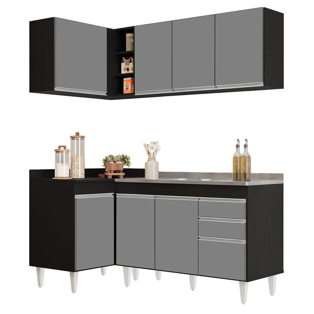 Armário de Cozinha Modulado de Canto Direito 4 Peças CP39 com Pia Inox Preto/Cinza - Lumil