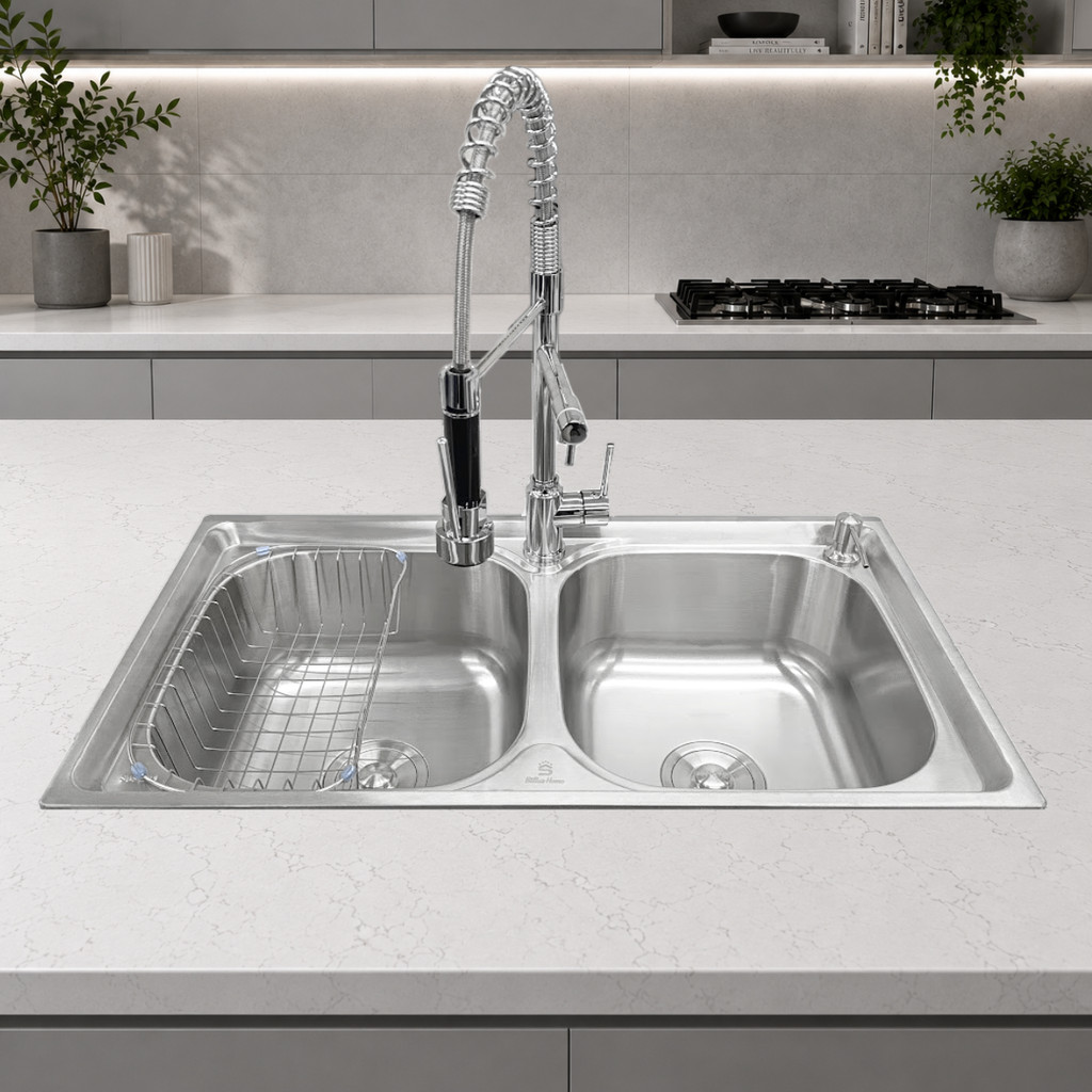 Cuba Dupla Cozinha Inox 304 78x43cm Torneira Gourmet Monocomando Luxo Completa