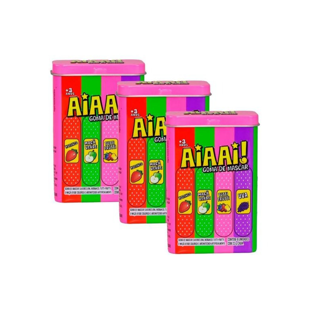 Kit 3 Chicletes AIAAI Kids Zone Caixa Metálica Sabores Sortidos