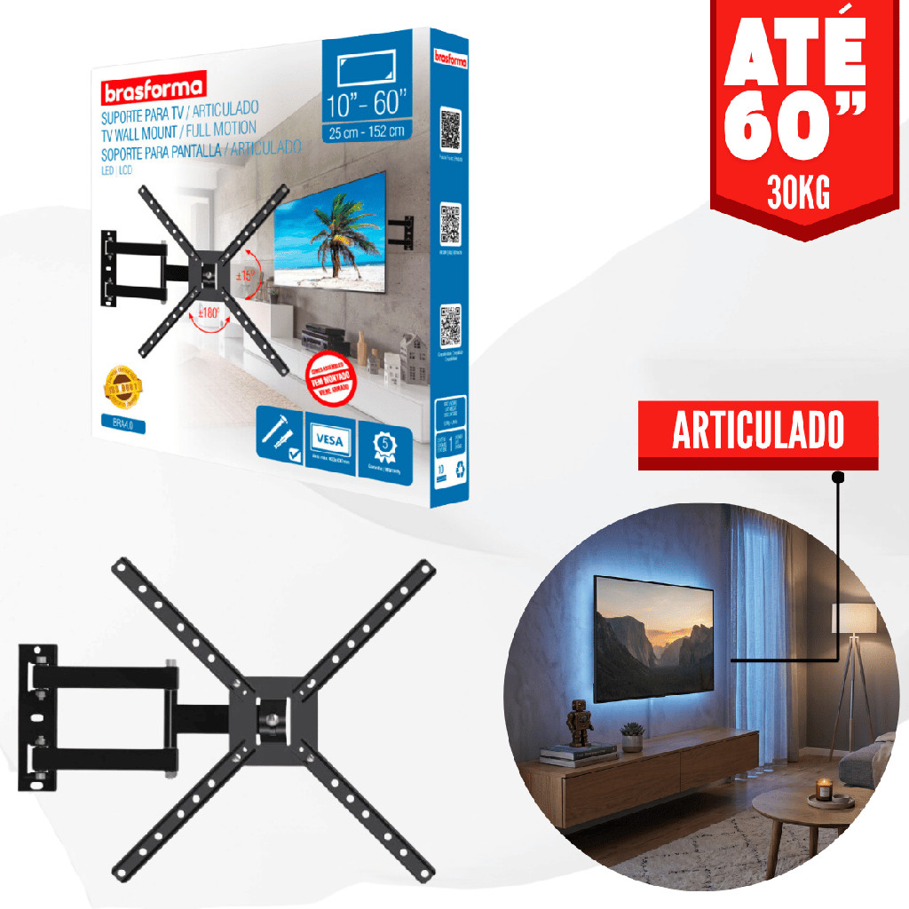 Kit 2 Suporte TV Articulado 4 Movimentos 10-60 Polegadas Parede Painel Reforçado + Kit Fixação