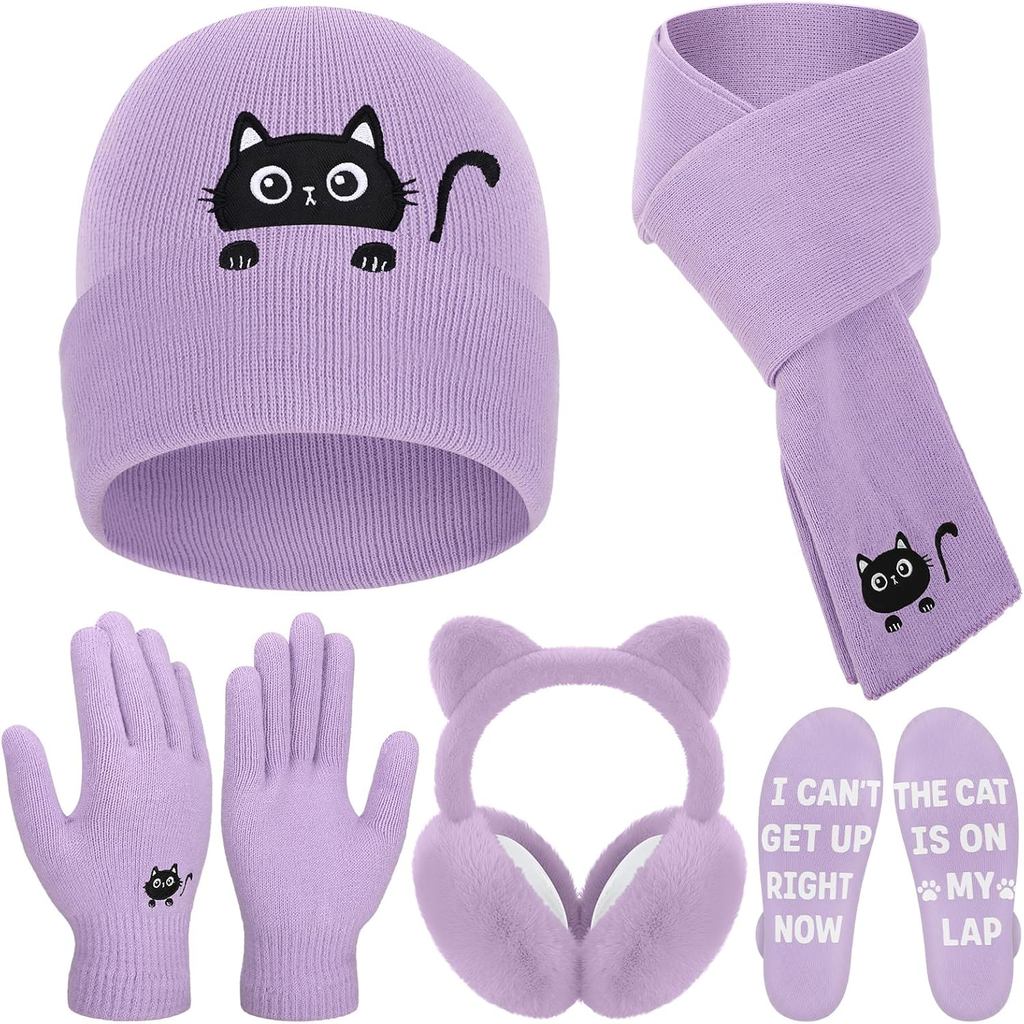 Geyoga Conjunto de Inverno para Gatos com 5 Peças: Gorro, Cachecol, Luvas, Protetores de Orelha de Lã Tricotada, Meias -