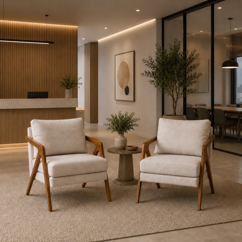 Kit Com 2 Poltronas Decorativa Mona Luxo Premium Courino Pés Em Madeira Maciça Recepção Escritório Sala De Estar