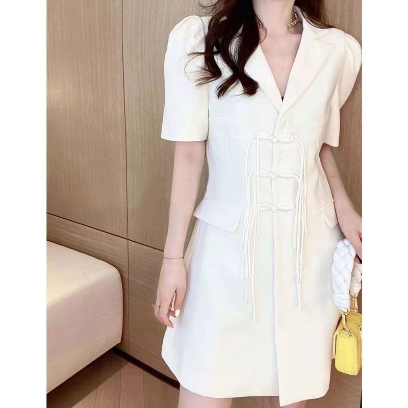 Branco puro primavera verão novo estilo chinês estilo chinês vestido de manga curta feminino Retro fluxo disco botão Hig