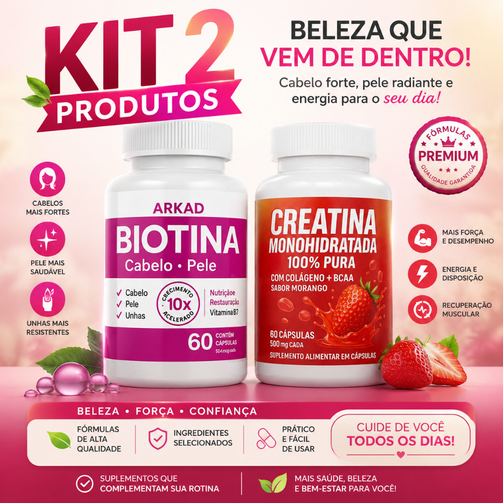 BELEZA & PERFORMANCE PREMIUM – BIOTINA + CREATINA - 60 CÁPSULAS CADA