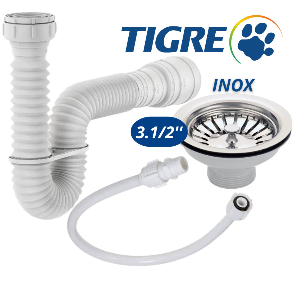 Kit Cozinha Gourmet Sifão Flexivel Tigre + Valvula Aço Inox Cuba Gourmet + Engate Torneira 1/2'x50cm