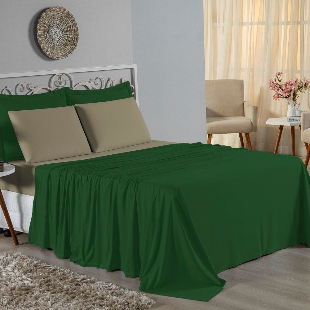 Jogo de Cama Solteiro Nobre 3 Peças Lençol com Elástico de 30cm de Altura Malha 100% Algodão - Verde-Bandeira / Avelã
