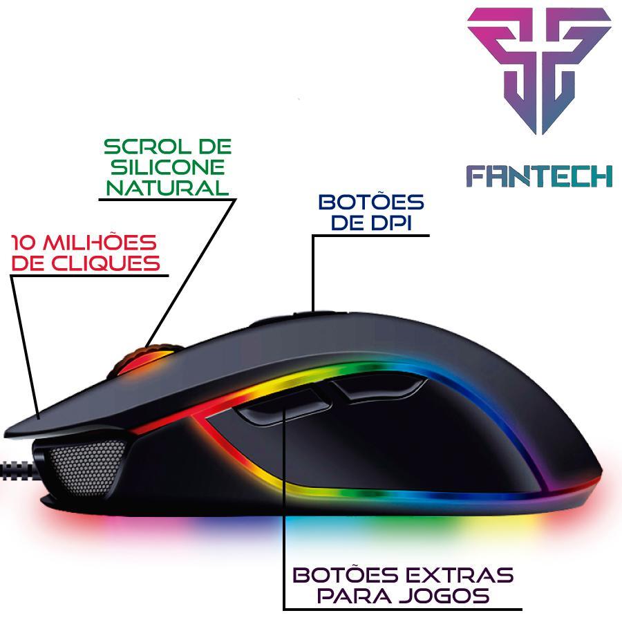 Mouse Gamer Fantech Thor X9 RGB Macro 7 Botões 4800DPI USB LED PC Notebook