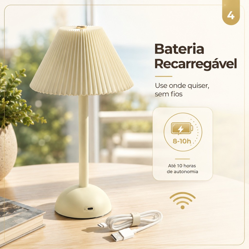 Abajur de Mesa Plissado LED 3 Cores Minimalista Creme — foto 4