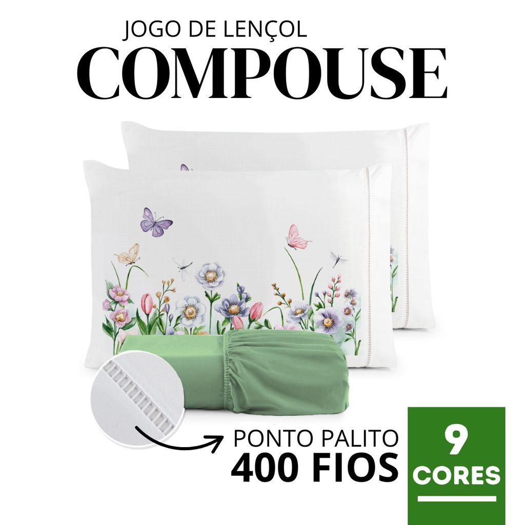 Micropercal 400 Fios com Ponto Palito – Jogo de Lençol Fronha Estampada Borboletas 3 Peças