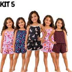 Kit 5 Pijamas Infantil Feminino Microfibra Baby Doll Estampado Confortável