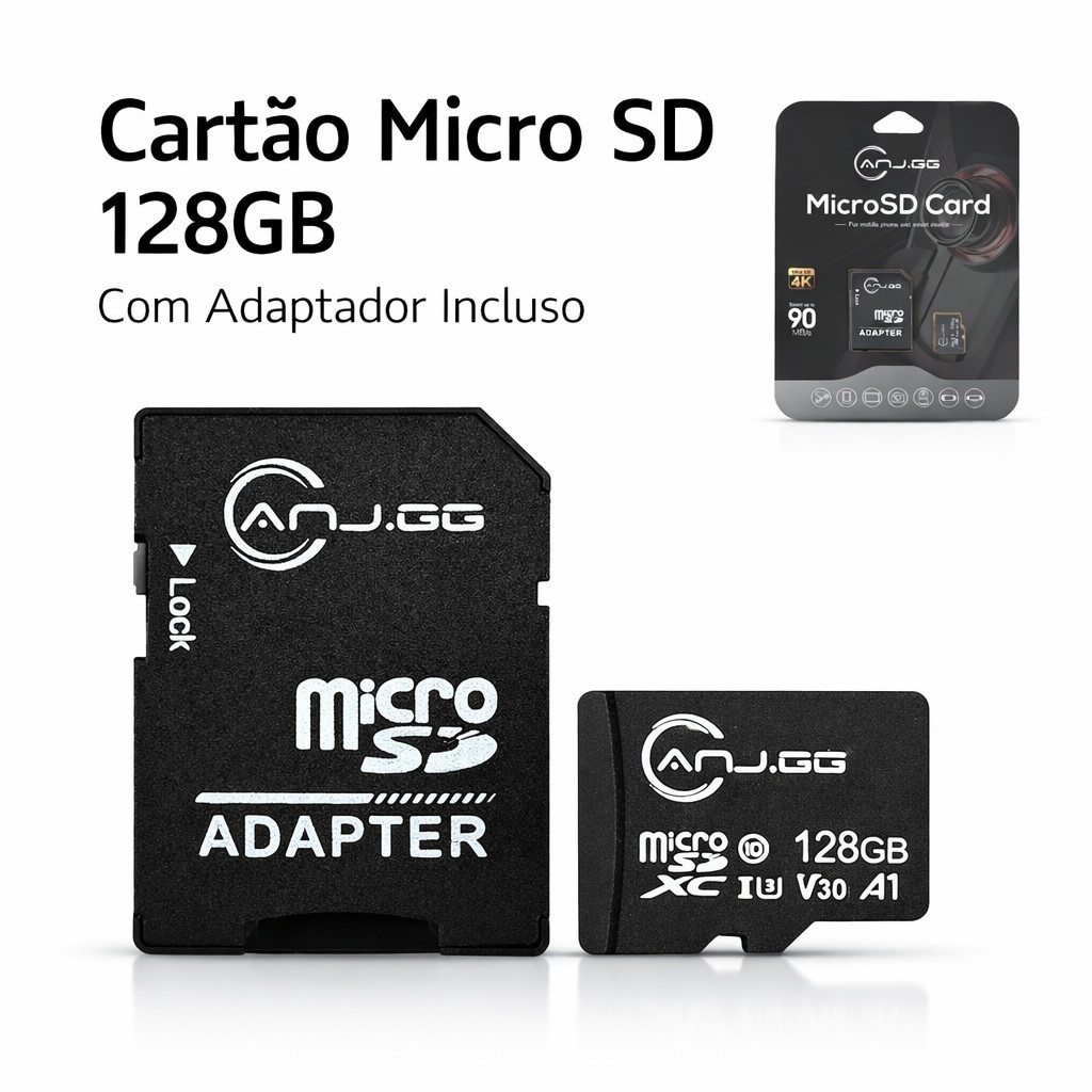 Cartão de Memória Micro SD 128GB U3 V30 A1 4K com Adaptador SD