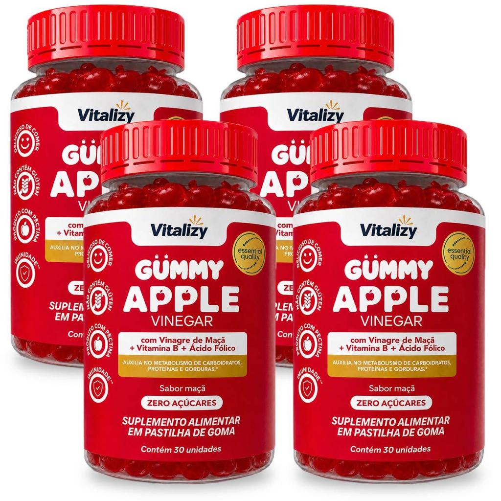 Kit 4x30 Gummy Vinagre de Maçã em Gomas Apple Cider Vinegar Zero Açúcar Vitalizy