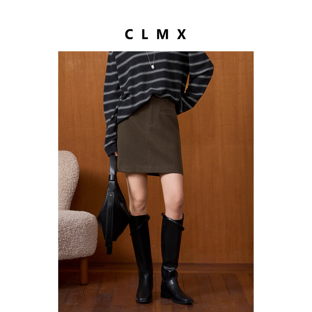 CLMX Moda Saia Texturizada Amigável à Pele Grosso Viscose Acrílico Misturado Tecido Tweed Outono Inverno Saia Commuter
