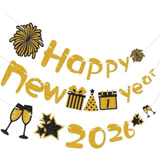 Banner de Feliz Ano Novo 2026, Guirlanda de Bandeirolas Douradas e Pretas com Glitter para Decorações de Festa de Réveil