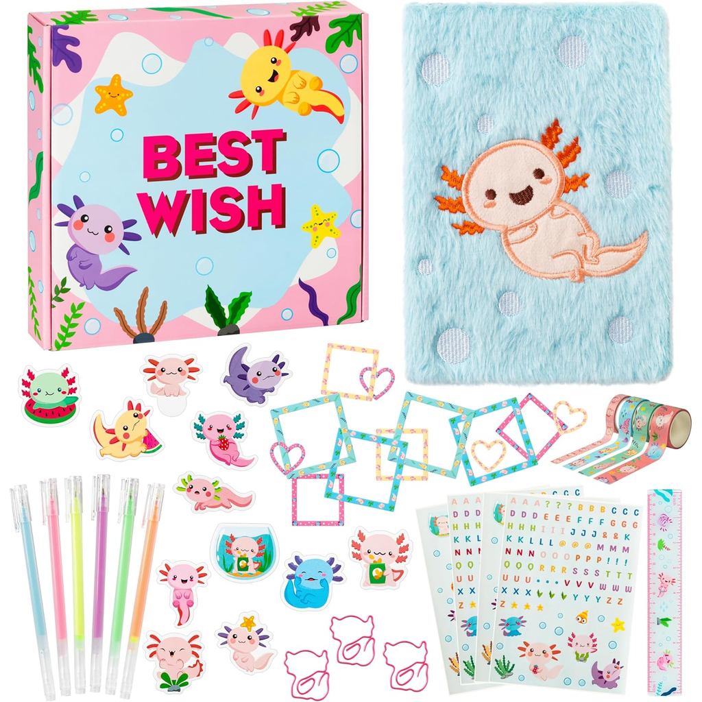 CY2SIDE Kit de Diário DIY com 44 Peças de Axolote para Crianças, Conjunto de Papelaria para Diário e Scrapbook com Pelúc