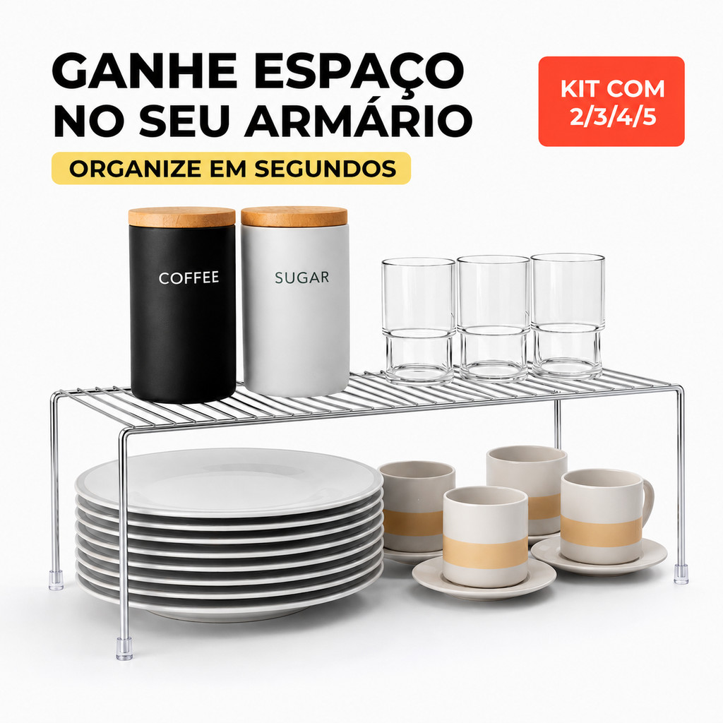 Organizador de Armário Cozinha Prateleira Suspensa Multiuso Suporte Porta Pratos Copos Cromado
