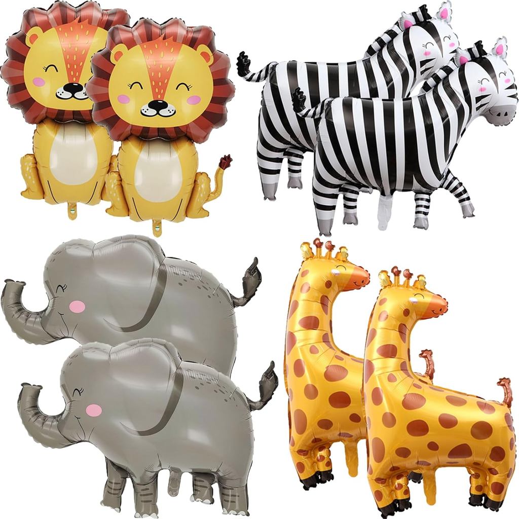 8 Balões de Animais da Selva Safari, Balões Grandes de Leão, Elefante, Zebra e Girafa em Papel Metalizado para Decoraçõe