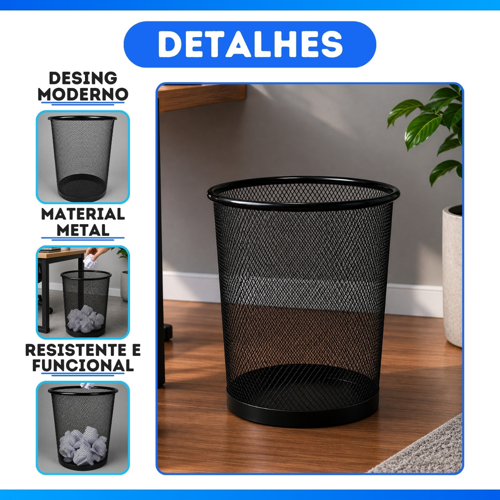 Lixeira De Metal 10 Litros Aramado Cesto Lixo Reforçado Para Escritorio Casa Quarto — imagem 2 de 2
