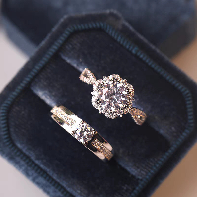 Conjunto de aliança de casamento ao vivo para casal, zircônia Pavé em formato de flor, par de aliança de casamento estil