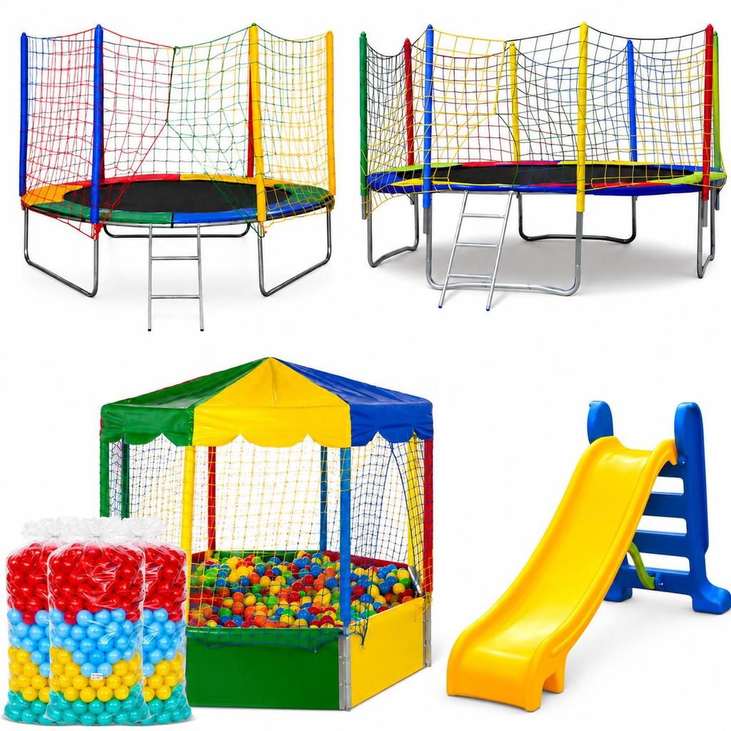 Cama Elástica 2,44m + Cama Elástica 3,05m + Piscina Oitavada 2,00m + 1500 Bolinhas Coloridas + Escorregador Médio