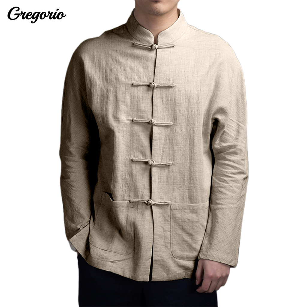 Mandarin Collar Shirt Men Long Sleeve Men's Autumn Chinese Style Tai Chi Kung Fu Top with Pockets and Traditional Disc f