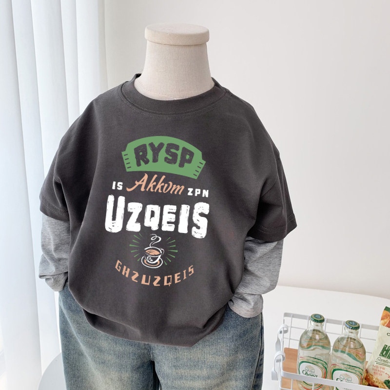 Meninos primavera manga comprida camiseta carta impressão infantil falso de duas peças exterior Wear moda coreano fã Puf