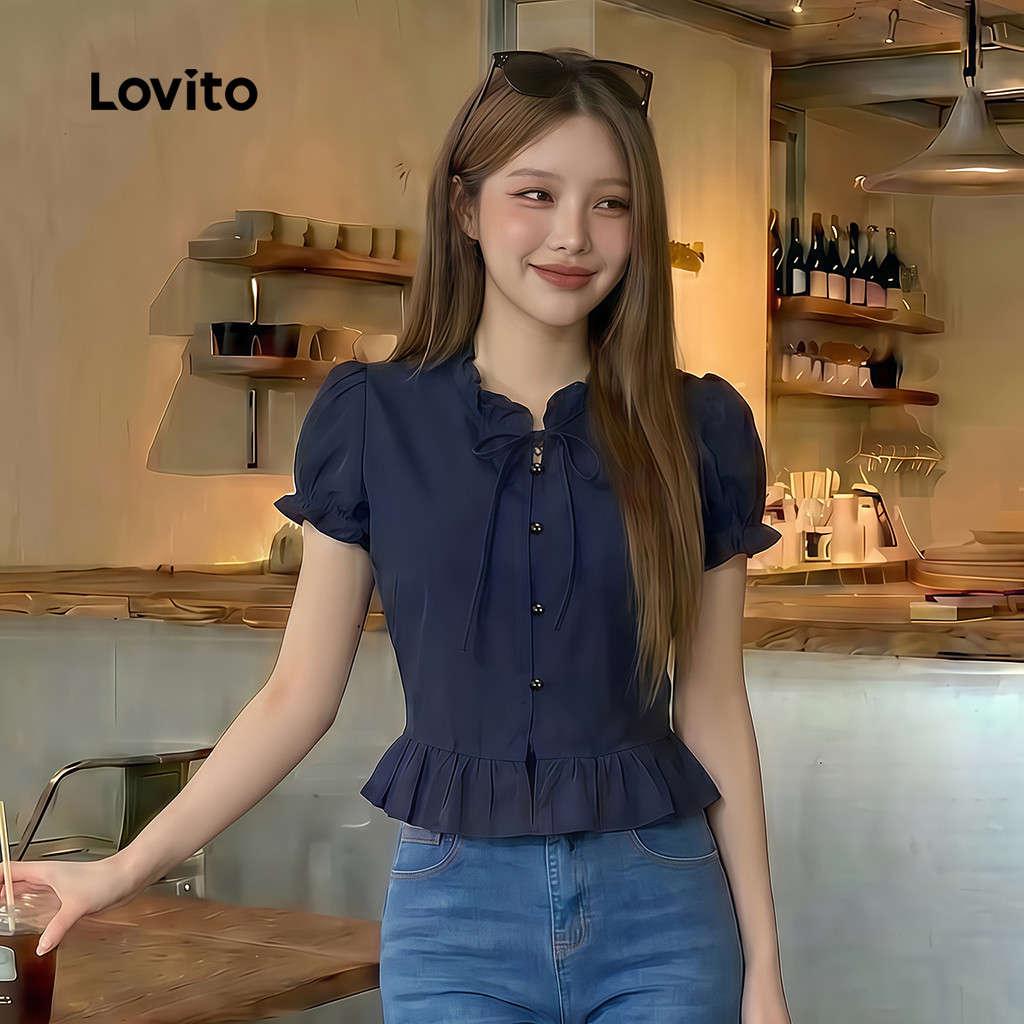 Lovito Blusa Preppy com Botões e Bordas de Alface para Primavera/verão Azul para Mulheres L185AD111