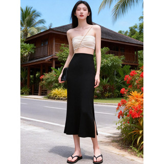 T elegante Casual saia de fenda lateral feminina estilo verão cintura elástica magro ajuste mais magro olhar comprimento