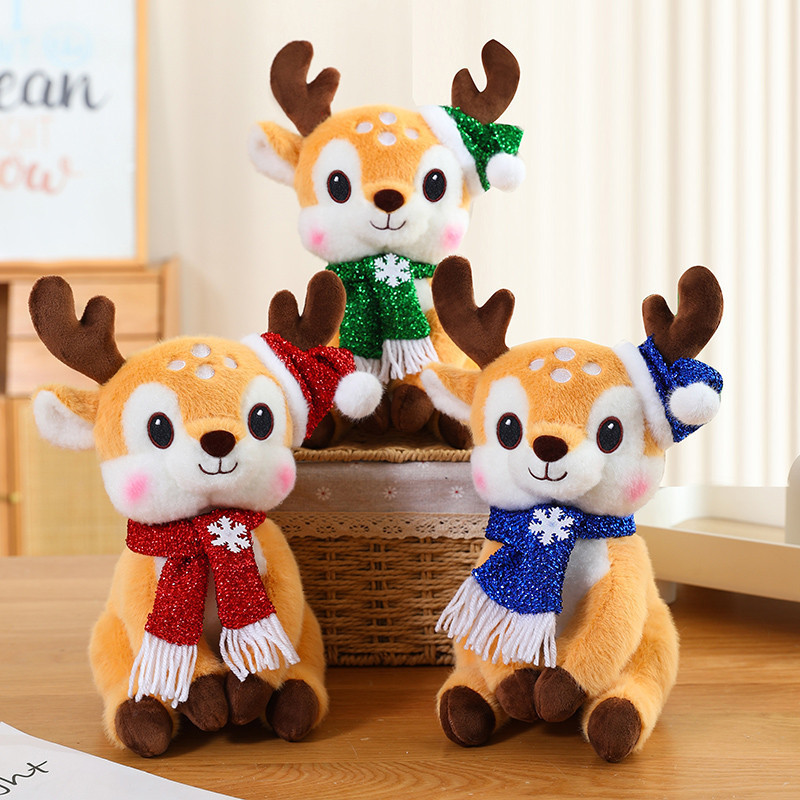 Brinquedo de Pelúcia de Rena de Natal de 30cm, com Chapéu e Cachecol, Boneco de Rena Feliz para Decoração de Casa