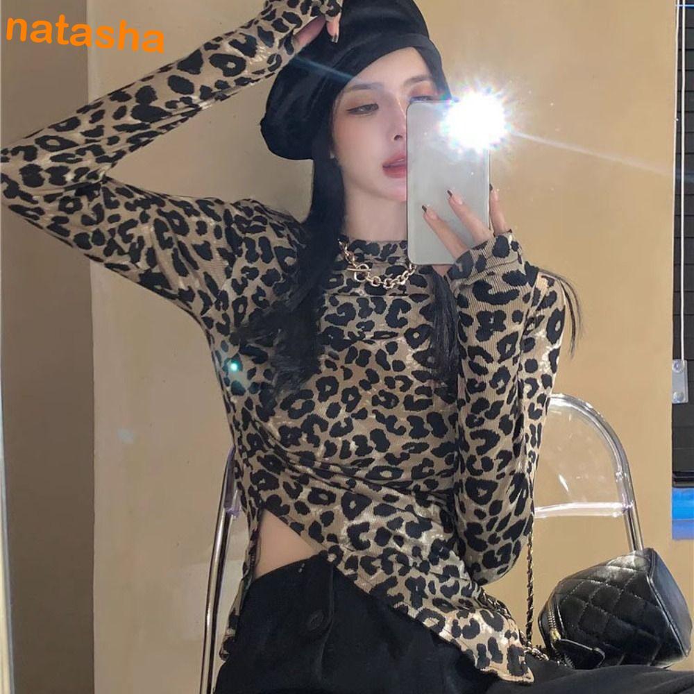 NATASHA Halter Cheesy Tops , Ins Irregular Leopard Crop Top , Roupas Femininas Slim Fit Camiseta Feminina