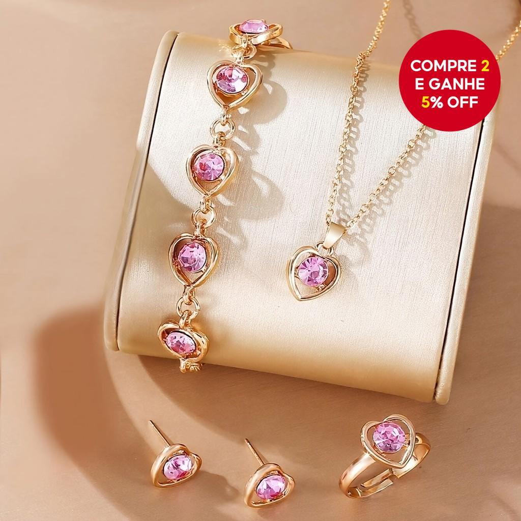 5 Peças Elegante Nobre Rosa Zircônia Conjunto De Joias Oco Brilho Pulseira Anel Brincos Femininos