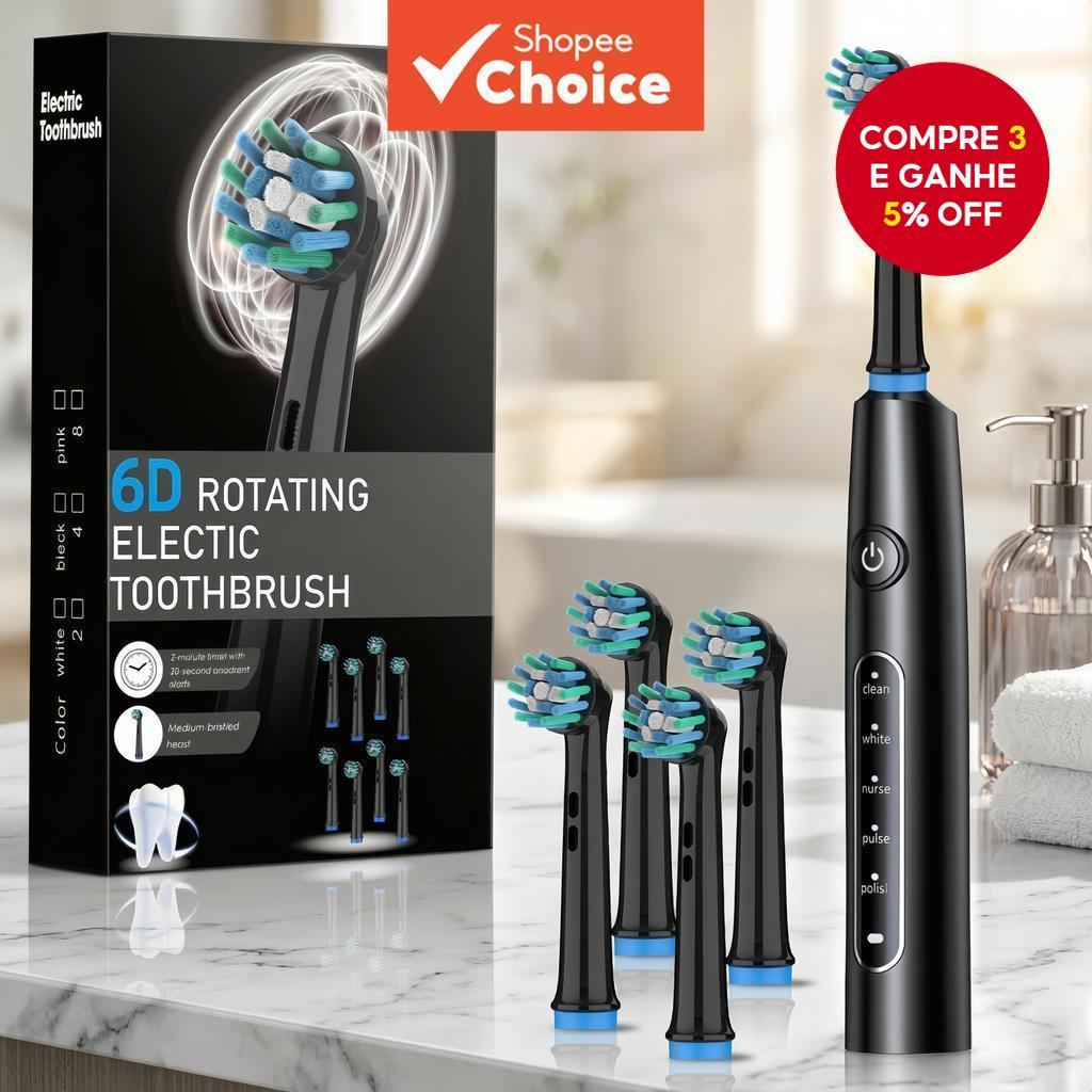 Escova de Dentes Elétrica 6D Rotativa para Adultos - 5 Modos de Limpeza, Cerdas Macias Dupont, IP67 à Prova d’Água,