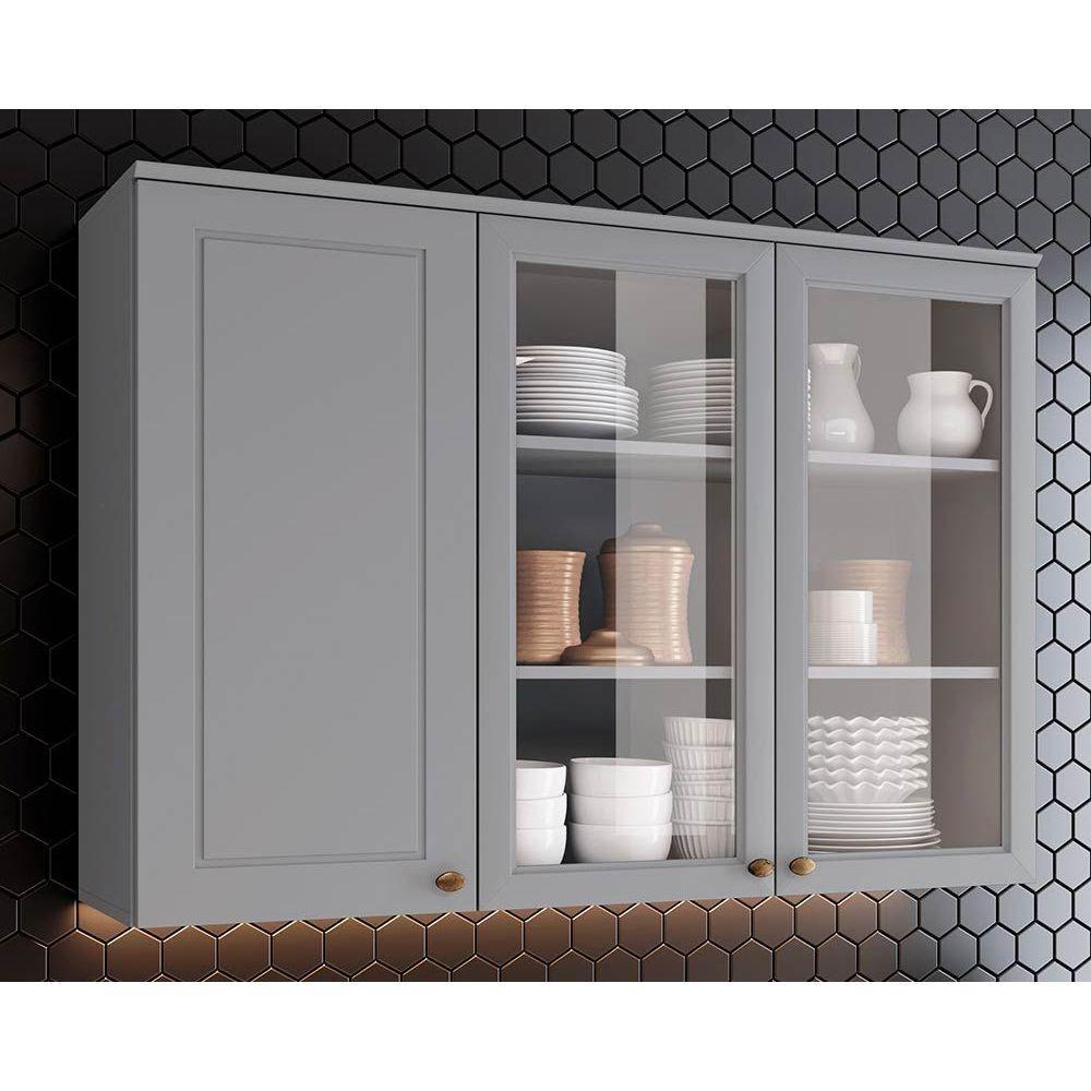 Armário Aéreo p/ Cozinha Americana c/3 Portas e c/2 Vidro 120cm Cinza - Henn