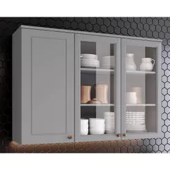 Armário Aéreo p/ Cozinha Americana c/3 Portas e c/2 Vidro 120cm Cinza - Henn