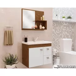 Conjunto de Banheiro Balcão Suspenso c/Cuba 55cm e Armário c/ Espelho Hortência Isa Amendoa/Branco - MGM
