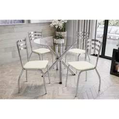 Sala de Jantar Completa Volga c/ Tampo de Vidro 95cm e 4 Cadeiras Portugal Cromada/Nude 16 - Kappesberg