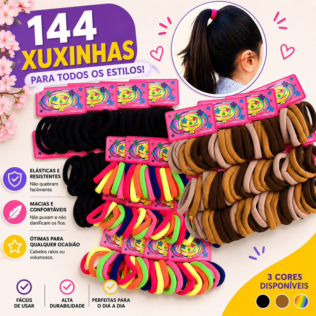 Kit 144 Xuxinhas Tipo Meia para Cabelo – Elásticos Sem Metal, Macios e Resistentes para Crianças---WYL