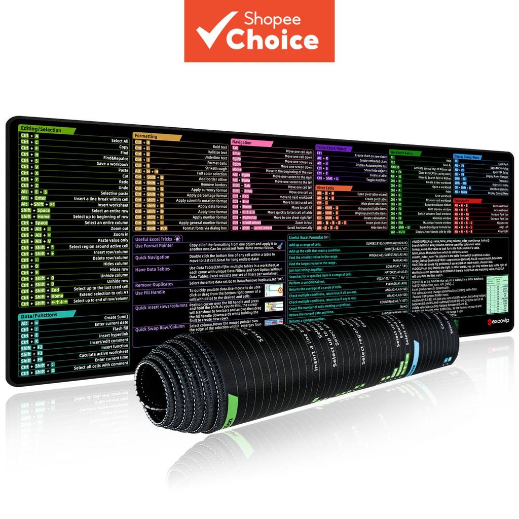 Almofada de Rato Grande com Teclas de Atalho do Excel, Bordas Costuradas, Conforto Macio, Antiderrapante, para