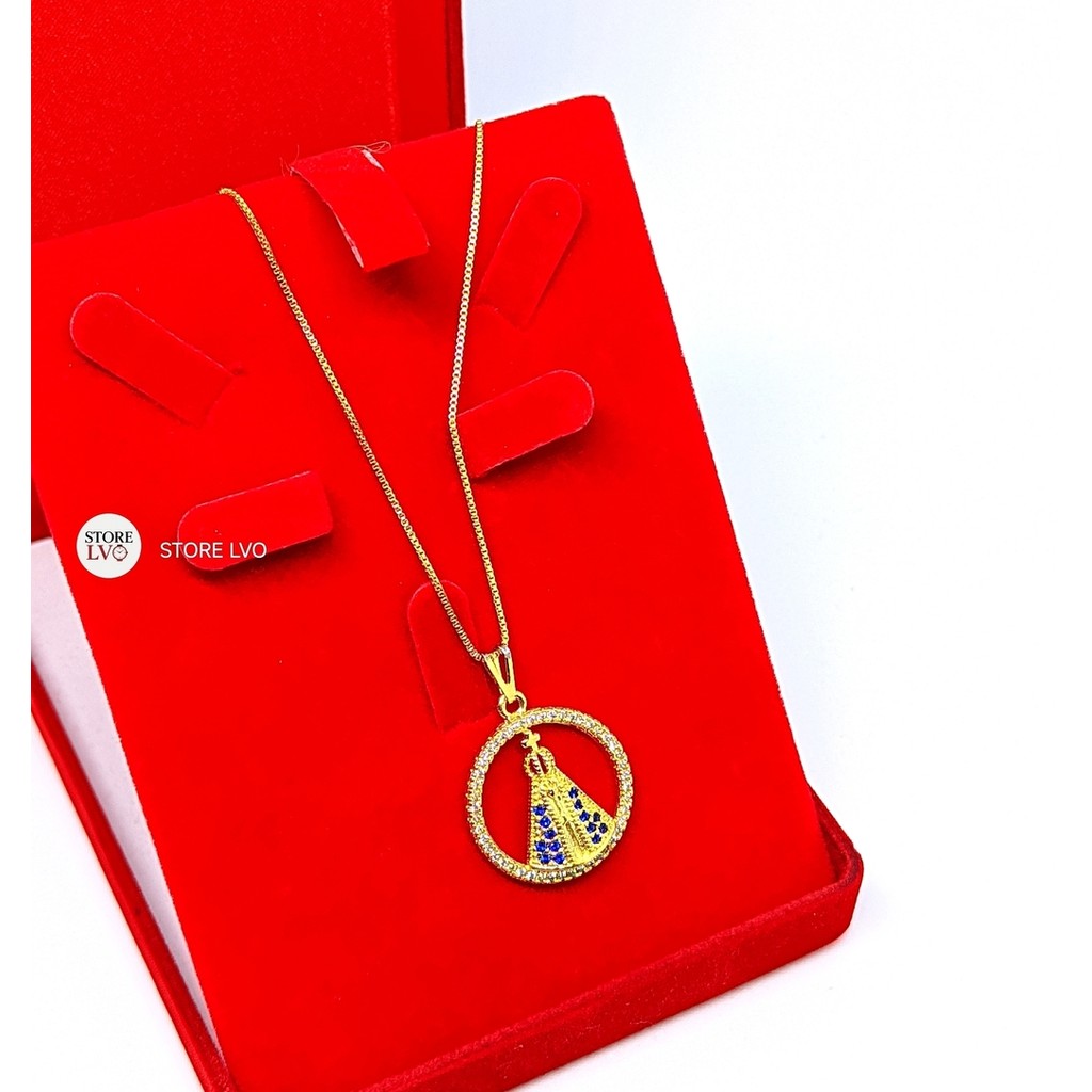 Colar Feminino Nossa Senhora Aparecida Folheado a Ouro com micro Zircônias cravejado corrente Religiosa Feminina