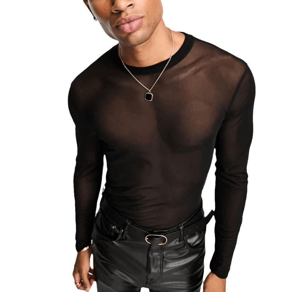 Estação Europeia Roupas Masculinas Pronto Estoque Verão Preto Fino Transparente Roupas Masculinas Camisa Respirável Casu